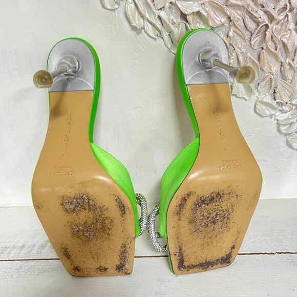 MACH & MACH Double Bow Crystal-Embellished Satin Mules Green Women Size 40 / 9.5 - Picture 8 of 8